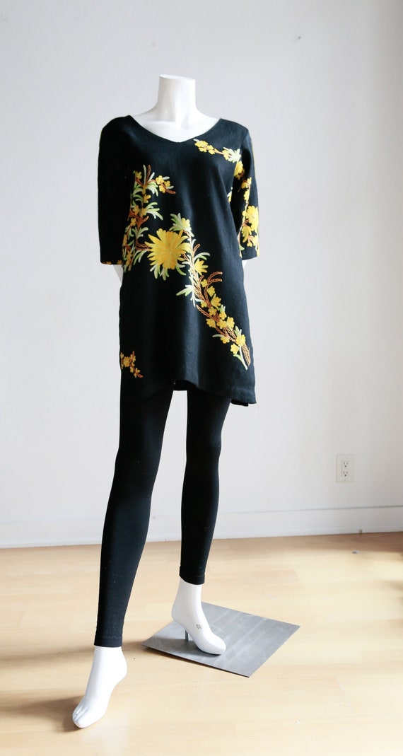 Vintage  Embroidered Floral and Black Wool Mexican