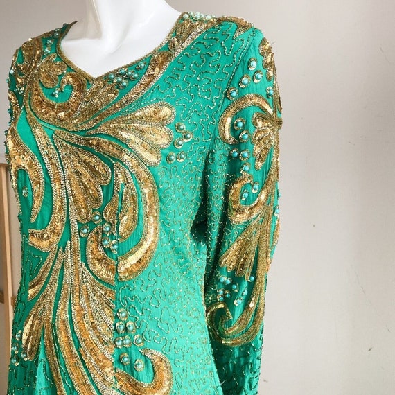 Vintage Emerald Green Silk Gold Beaded Embroidere… - image 5