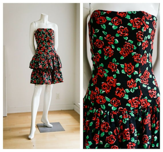 Vintage Bustier Top Ruffled Puffed Skirt Red Flor… - image 1