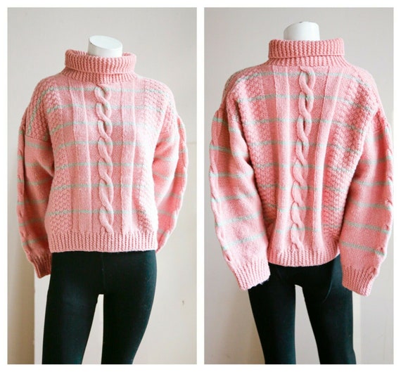 Vintage Dusty Pink Chunky Cable Detail Striped Woo