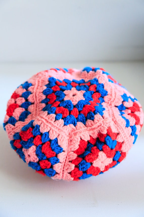 Pink Granny Squares Crochet Hat Beret | Handmade