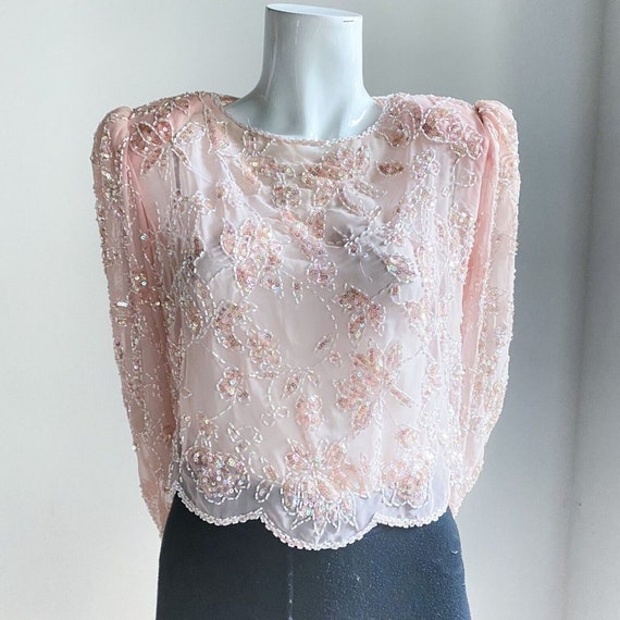 Vintage SILK Peach Pink Beaded Embroidered Croppe… - image 3