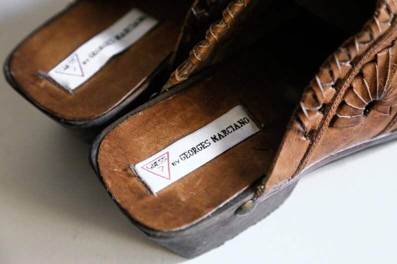 Vintage Leather Clogs Boho Clogs Vintage Guess Woven Leather Clogs 90s Guess by Marciano Leather Slip on Clogs with Hand Woven Detail