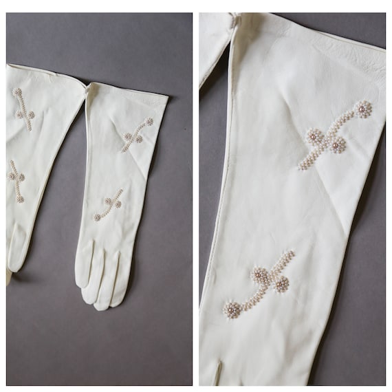 Deer Skin White Embroidered Wedding Gloves | Kids… - image 1