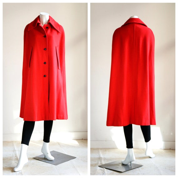 Vintage 70s Wool Bright Red Midi Cape | Vintage W