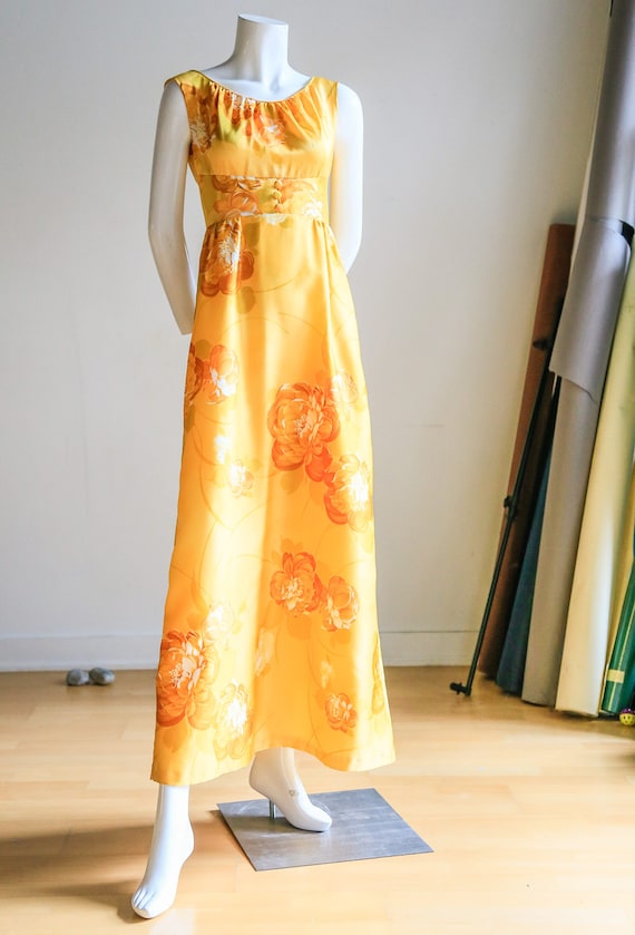 yellow dress with orange flowers Vintage Floral Yellow Sleeveless Maxi Dress | Bright Yellow Hawaiian Empire  Waist Maxi Dress | Made in Hawaii Tiki Maxi Long Dress Vintage