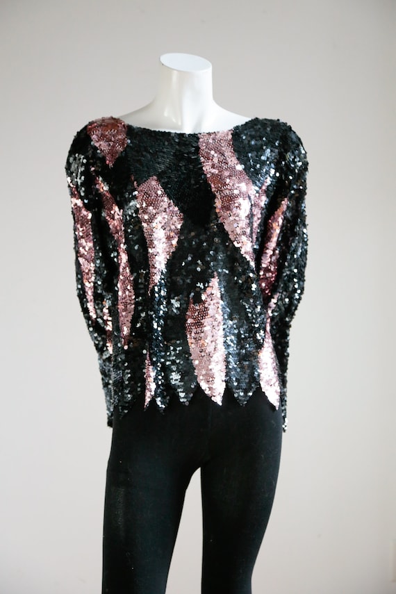 Black Pink Sequin Top |  Long Sleeves Sequin Top … - image 2