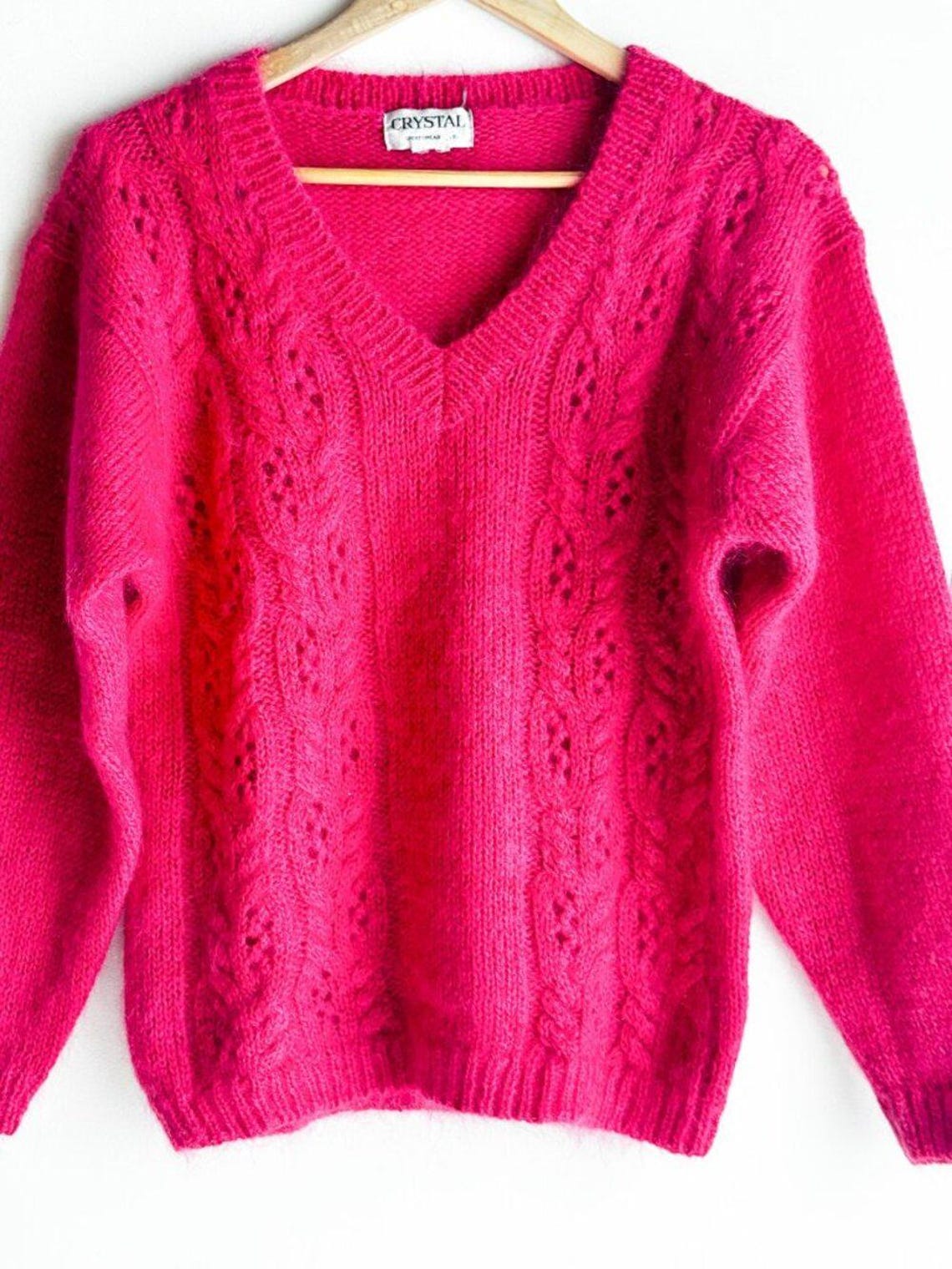 Vintage Mohair Wool Hot Pink Magenta V neck Sweater S, photo 3 of 5