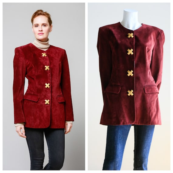 Long Burgundy Suede Blazer| 80s Novelty Button Bl