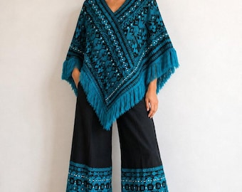 Conjunto de pantalón y poncho étnico bordado vintage, talla XS
