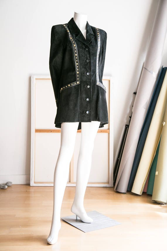 Long Black Suede 90s Blazer with Gold Stud Detail|