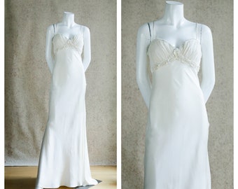 Vintage Nicole Miller All Silk Bias Cut Embelleted Beaded Spaghetti Strap Fish Tail Train Ivory Wedding Gown