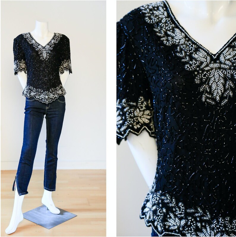 Gatsby Top| Short Sleeve Sequin Top Flapper Top Black Beaded Top Black Beaded Top Evening Top Vintage Black Silver Beaded Top