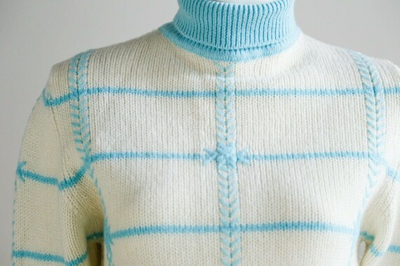 Vintage 70s Wool OOAK Unique Wool Plaid Cream Blu… - image 5