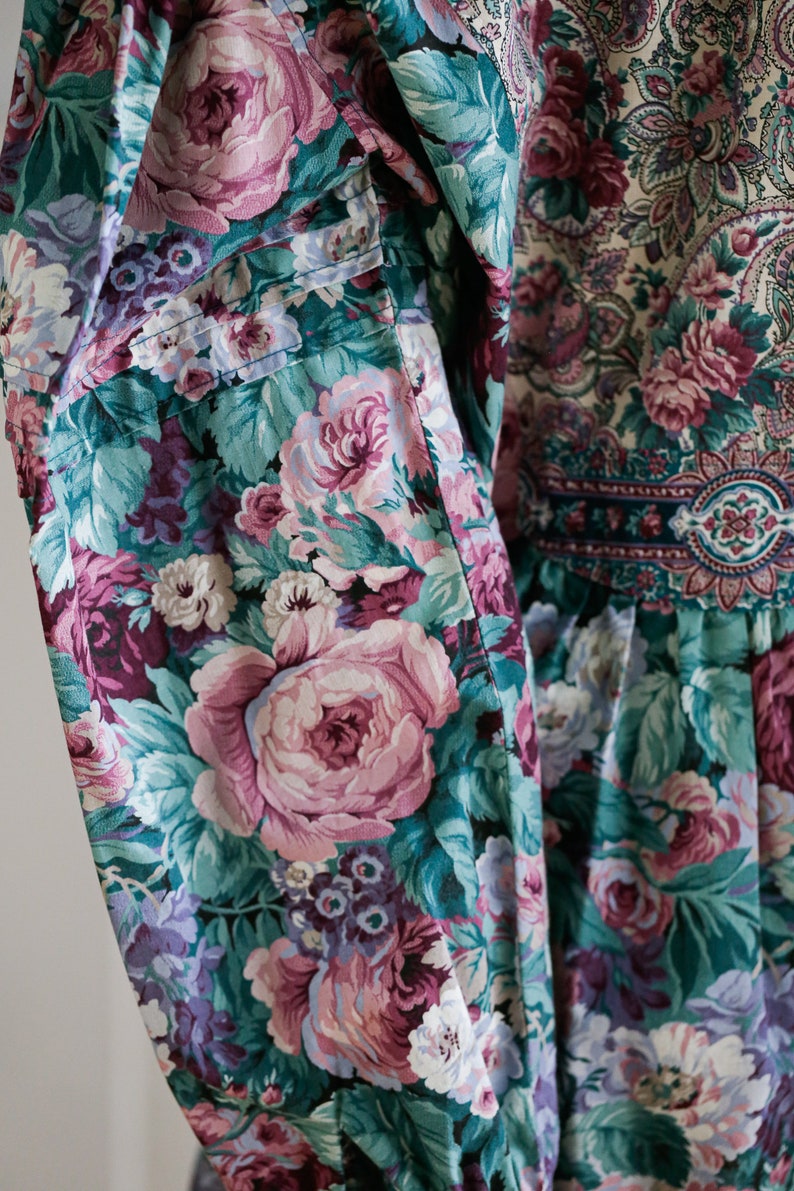80s Colours Floral Garden Print Oversized Handmade Tunic Top English Floral Garden Teal Purple Pink Rose and Paisley Print Tunic