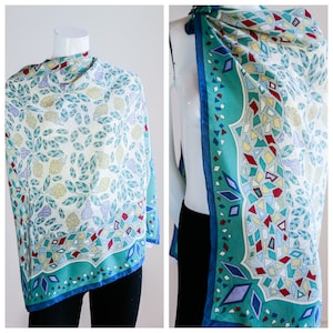 Vintage Geometric Floral Leaf Print Blue Turquoise Silk Chiffon  Hand Rolled Scarf | Silk Scarf Gift For Mom | Large Unique Silk Scarf
