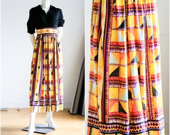 70er Jahre Orange gelb geometrische Print Maxi Kleid | Langarm Maxi | Boho Kleid | Orange Kleid | Boho Maxi Kleid | Wild Print Kleid | Ferienkleid