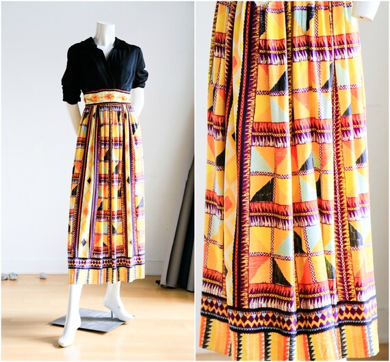 70s Orange Yellow Geometric Print Maxi Dress |Long Sleeve Maxi |Boho Dress |Orange Dress |Boho Maxi Dress | Wild Print Dress | Holiday Dress