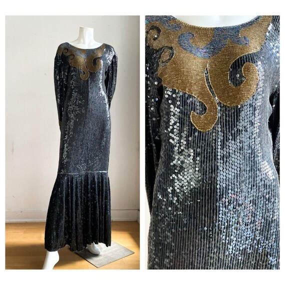 Vintage Silk Hand Beaded Sequin Sparkly Evening G… - image 1