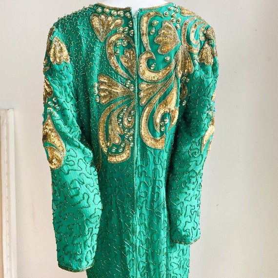 Vintage Emerald Green Silk Gold Beaded Embroidere… - image 8