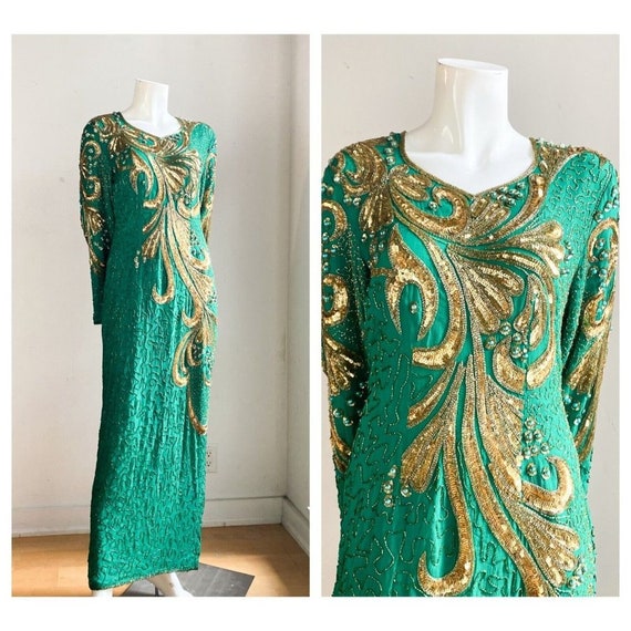 Vintage Emerald Green Silk Gold Beaded Embroidere… - image 1