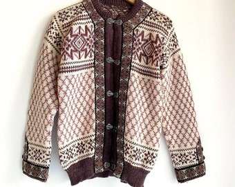 Vintage Wool Nordic Clasp Traditional Geometric Print Ski CArdigan M