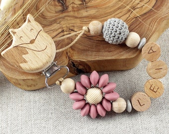 Schnullerkette mit Namen, Fuchs Schnullerkette, personalisiert, Blume