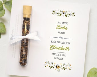 Nachhaltige Gastgeschenke mit Blumensamen - personalisiert | Tischkarte | Hochzeit | Kommunion | Konfirmation | Danke | Taufe  Give away