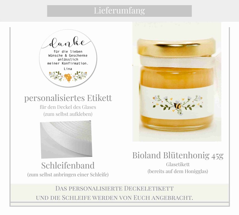 Bio Honig Gastgeschenke Bioland personalisiert Tischkarte Hochzeit Kommunion Konfirmation Danke Grundpreis 65,56Euro/1kg Bild 6