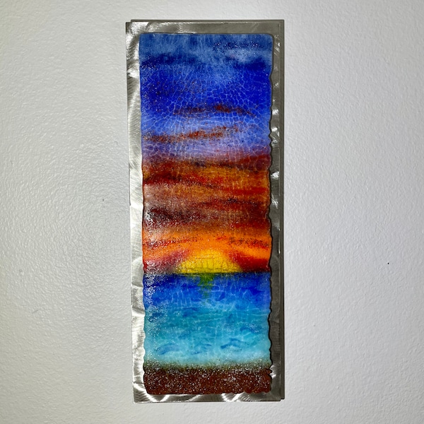 Florida Sunset textured crackle glass art on 20" x 8"" Steel Frame Wall Hanging Picture