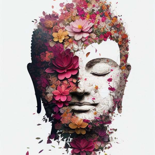 Buddha mit floralen Blütenblättern, Yoga Druck zum direkten Download, Mehrere Größen: 60x36 in, 45x60 in und 40x20 in