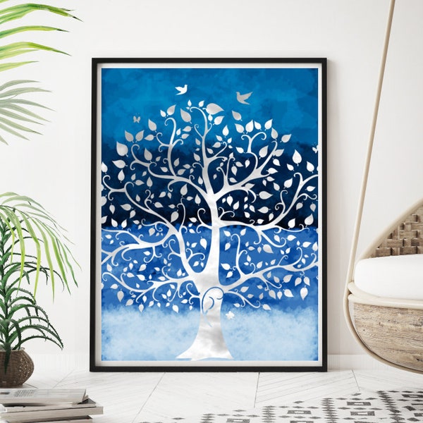 Bodhi tree in a dark night (silver), yoga and meditation room wall art, INSTANT DOWNLOAD