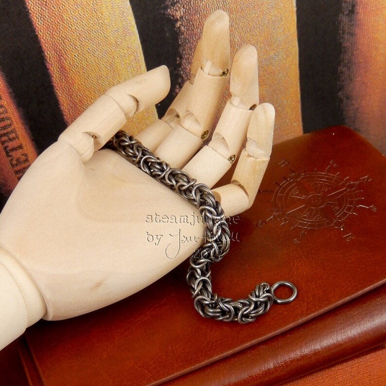 Sterling silver chain mail bracelet oxidised Byzantine weave.