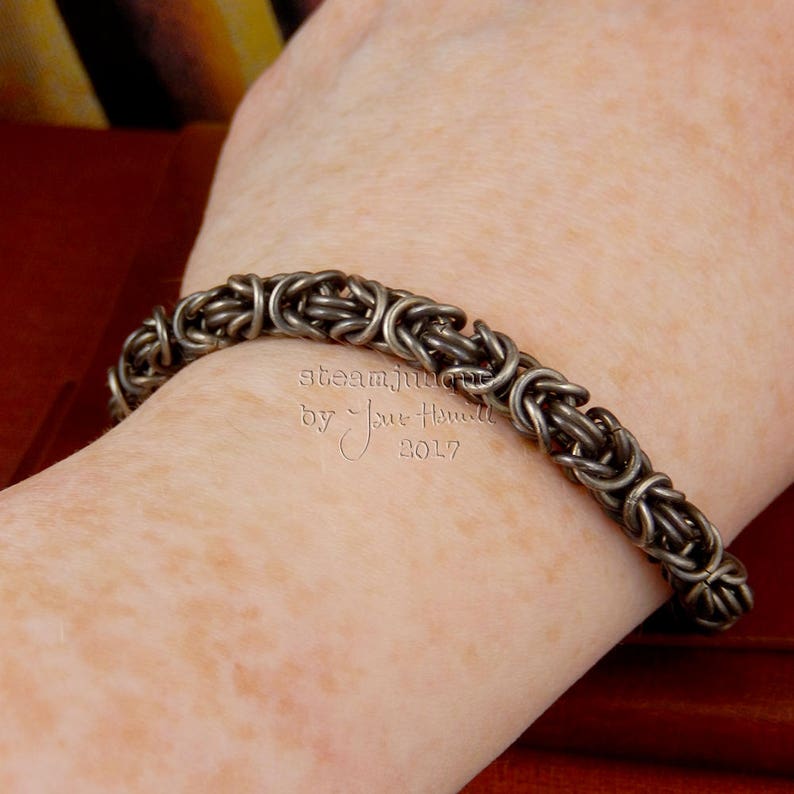 Sterling silver chain mail bracelet oxidised Byzantine weave.