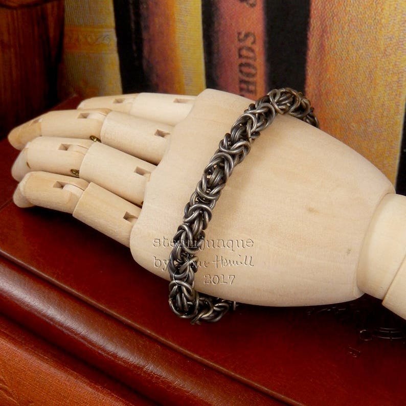 Sterling silver chain mail bracelet oxidised Byzantine weave.