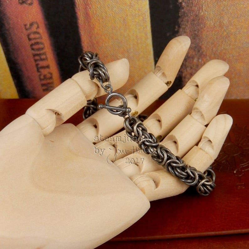 Sterling silver chain mail bracelet oxidised Byzantine weave.