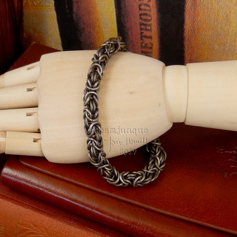 Sterling silver chain mail bracelet oxidised Byzantine weave.