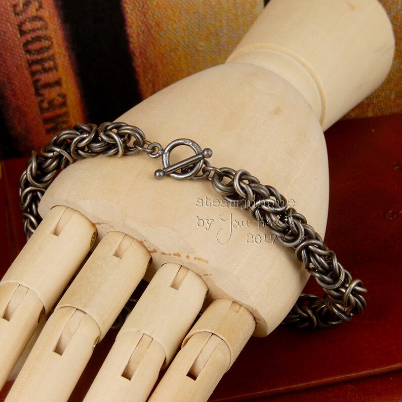Sterling silver chain mail bracelet oxidised Byzantine weave.