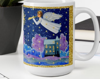 Angels Mug, Christmas mug, blue and gold glitter print mug