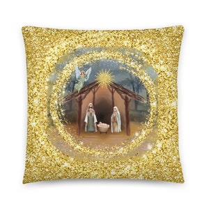 Nativity Christmas Pillow, Gold glitter print Nativity Pillow