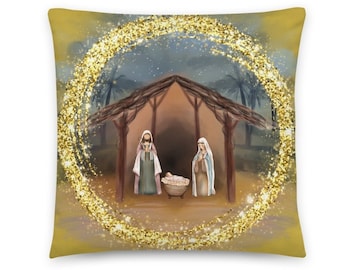 Nativity Christmas Pillow, Gold glitter print Pillow