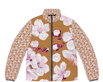 Floral Puffer Jacket,  Winter Coat with Cherry Blossoms Print, Light brown and Pink