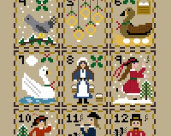 PDF,  12 Days of Christmas, Cross stitch PDF, Christmas, Maids a milking,5 golden rings, Colly birds, Lords a leaping,Swans swimming,