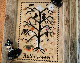 PDF, Halloween Spooky Tree, Cross Stitch Pattern, Halloween, Ghosts, Pumpkins, Witches Hat, Spiders,  Halloween Tree, PDF only