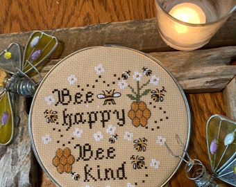 PDF, Bee happy cross stitch pattern, Bees, Cross stitch Bees pattern, Cross stitching, Needlepoint, Bee happy Bee Kind, Honeycomb