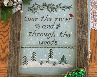 PDF, Over the river, deer, snowfall, forest in winter, Cross stitch pattern, Winter scene pattern, Forest trees, Evergreen tree, Snow, PDF