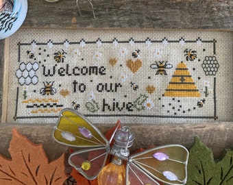 PDF,Bees hive, Welcome to our hive, Cross stitch pattern, Bees, Honeycomb, Bee hives, Bees cross stitch pdf, Bees Quotes