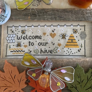 PDF,Bees hive, Welcome to our hive, Cross stitch pattern, Bees, Honeycomb, Bee hives, Bees cross stitch pdf, Bees Quotes