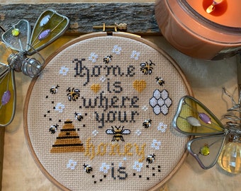 PDF, Bees pattern, Home is where your honey is, Cross stitch pattern, Bees, Honey bee pattern, Honey home, Honeycomb, Honey,
