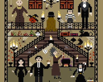 PDF, Addams family, Cross stitch, Addams family cross stitch, Morticia, Gomez, Wednesday, Pugsley, Uncle Fester, Lurch, Thing, Cousin It PDF